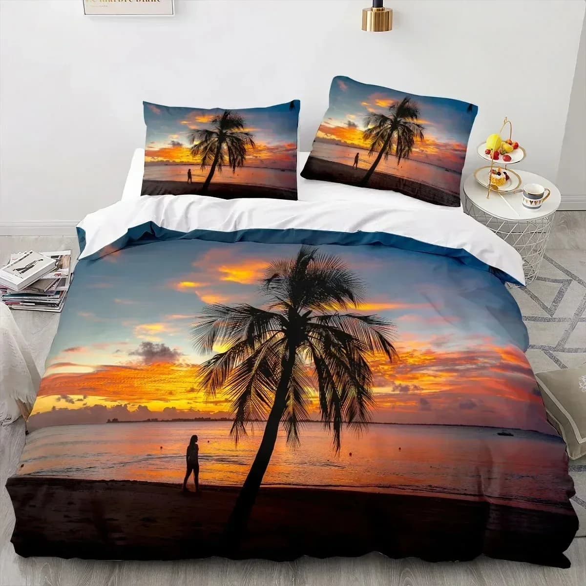 Set di Biancheria da Letto con Stampa 3D Vista Mare e Cocco, Copripiumino, Lenzuolo, Federe, Set Completo per Letto Matrimoniale, Queen, King Size