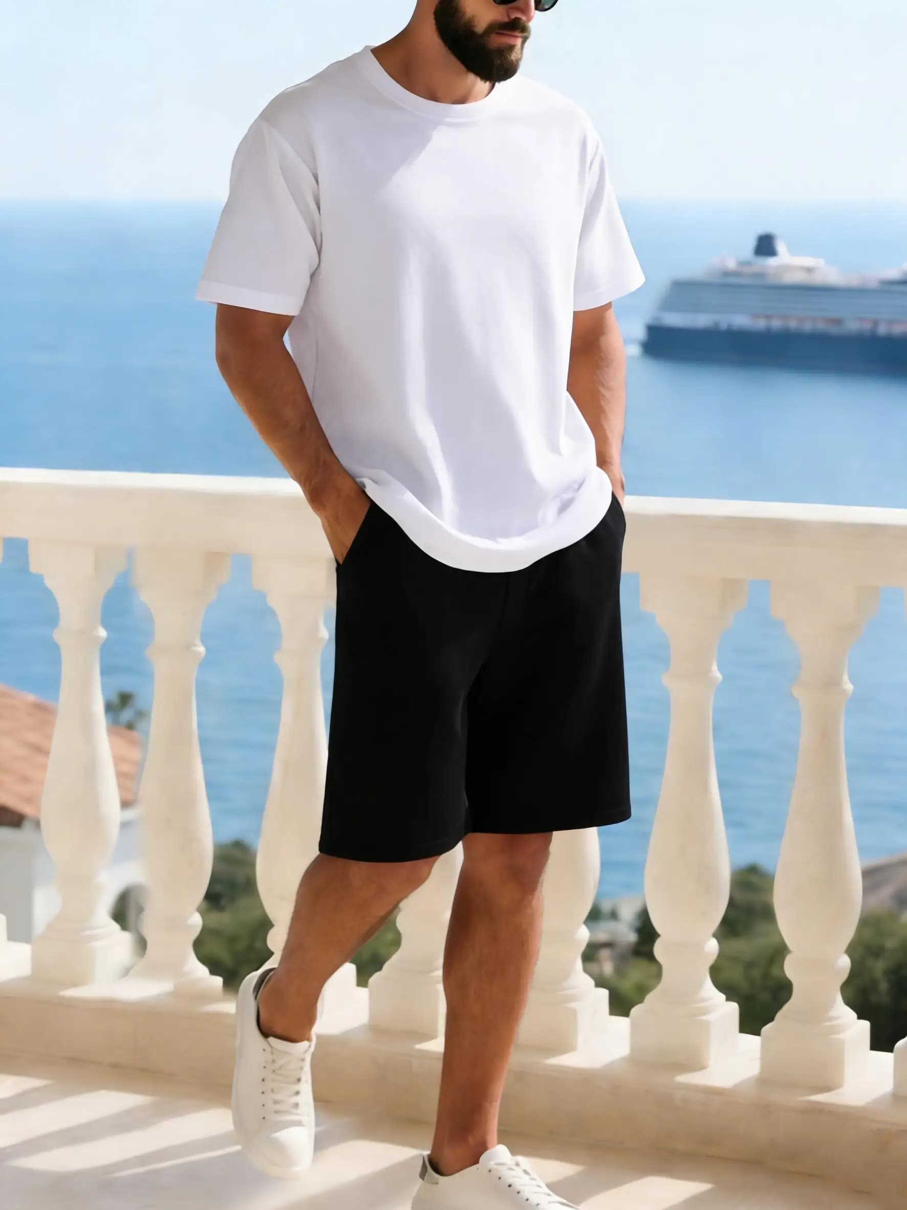 T-Shirt Set and Men's Shorts in Cotton for Holiday, Top Casual Soft Summer with O-neck, Unisex Fashion Clothing with Shorts with Coulisse