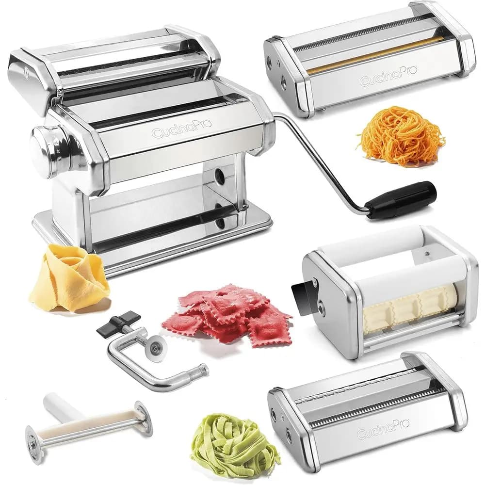 Macchina per Pasta in Acciaio Inox con 3 Accessori - Crea 5 Tipi: Spaghetti, Fettuccine, Angel Hair, Ravioli, Lasagnette