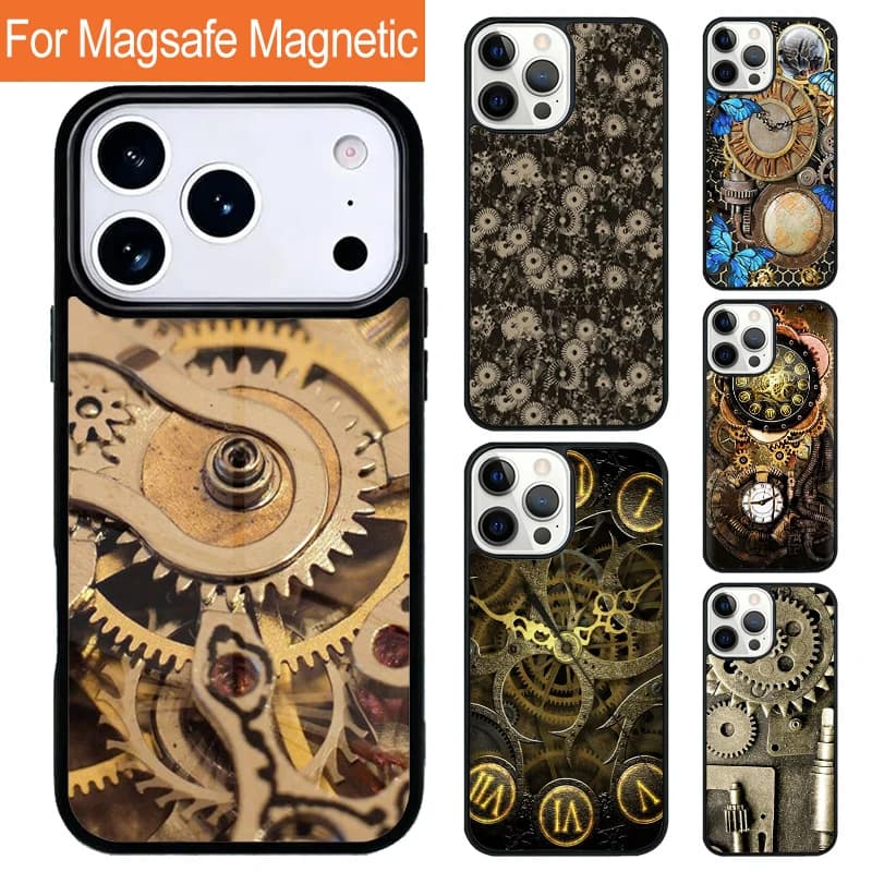 Custodia Magnetica Wireless Meccanica Steampunk per iPhone 17 Pro 16 15 13 12 11 Pro Max Air 14 Plus con Cover Magsafe