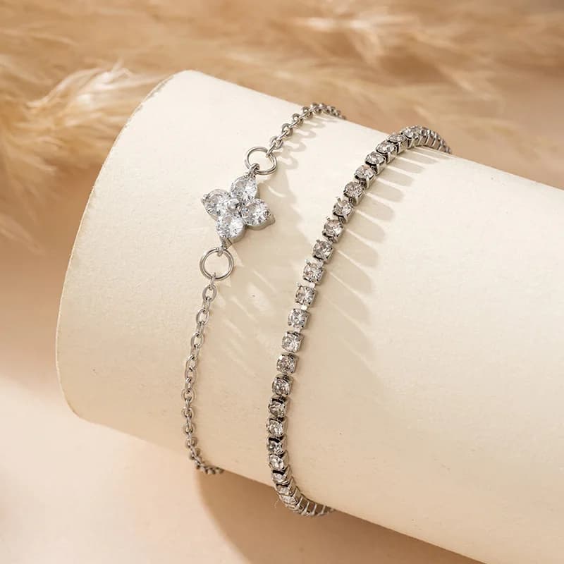 Set di 2 Bracciali Tennis Minimalisti con Quadrifoglio e Zirconia Cubica, Gioielli Quotidiani da Donna, Regalo per la Festa della Mamma