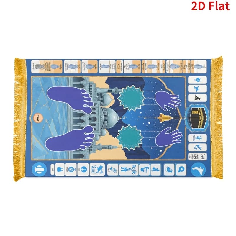 Tappeto da Preghiera VIKAMA con Guida alla Preghiera della Kaaba, Tappetino Antiscivolo Stampato con Nappine Gialle, Tappeto Islamico per Casa, Camera da Letto e Soggiorno