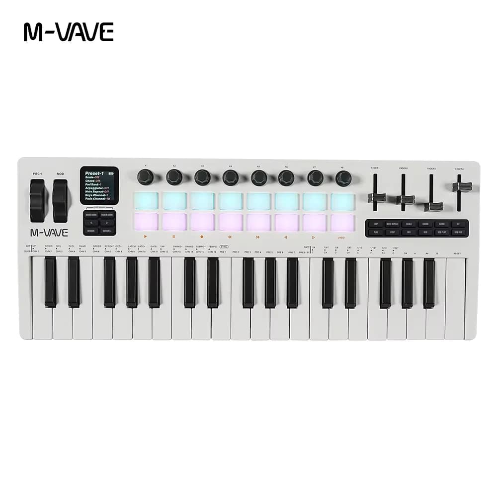 M-VAVE SMK-37 PRO White RGB MIDI Keyboard with Sound Source, 37 Keys 16 Drum Pads Wireless Connection