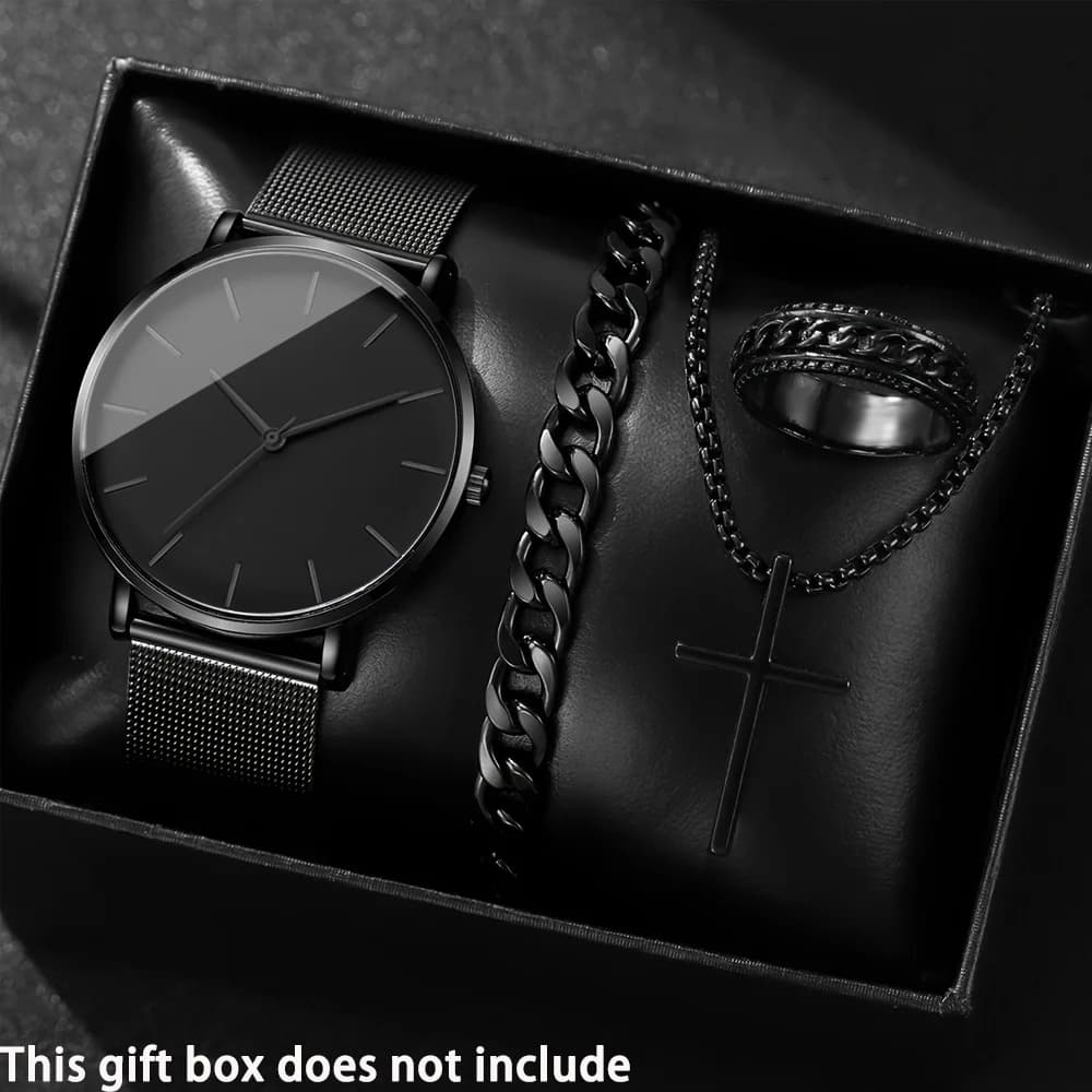 4 pezzi/set, orologi alla moda da uomo e set di incrociati, orologio da uomo semplice da uomo d'affari con cintura in maglia di acciaio inossidabile, orologio al quarzo per il tempo libero