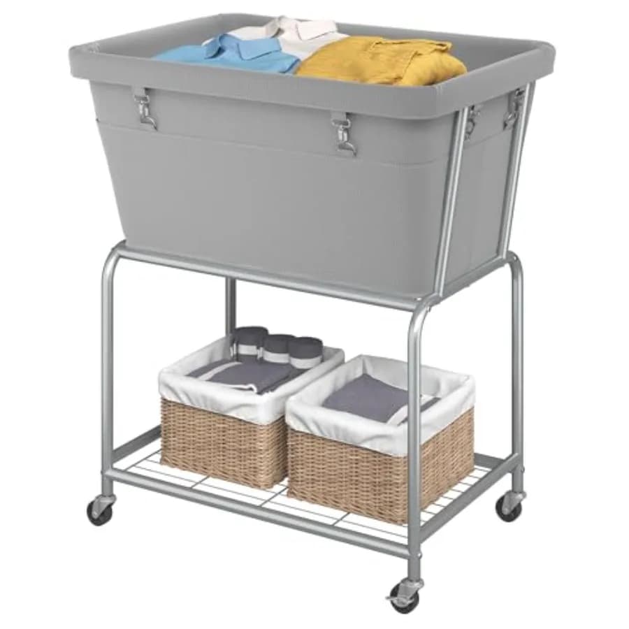 Cesto Portabiancheria con Ruote da 32 Galloni (122L), Carrello Portabiancheria con Sacco Rimovibile, Cesto Portabiancheria a 2 Livelli con Ripiano per C