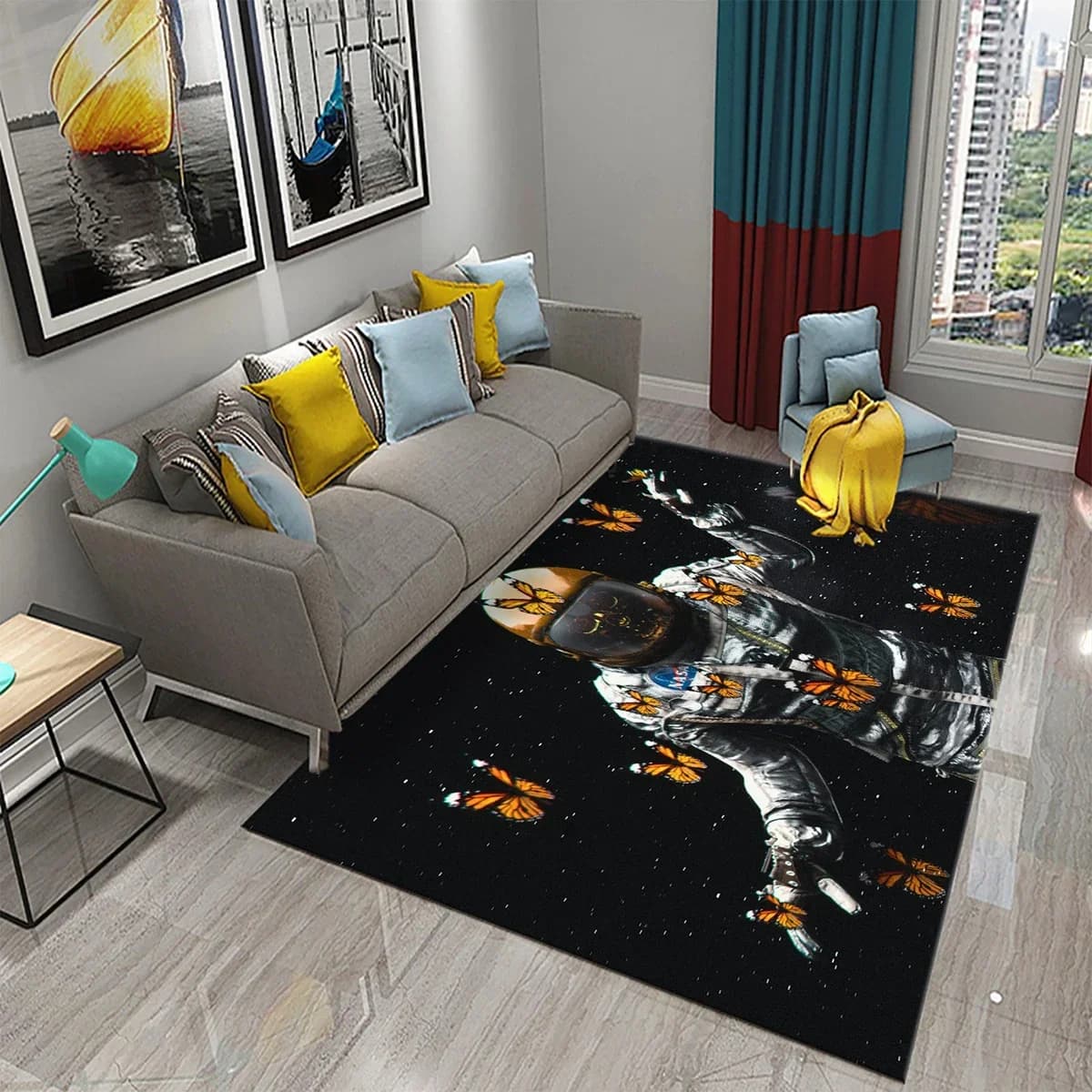 Carpet with butterfly astronaut Modern Art Carpet Cosmic Space Mats for Kids Teenagers Door Mat Yoga Mats Bedroom Living Room Black Flat Mat