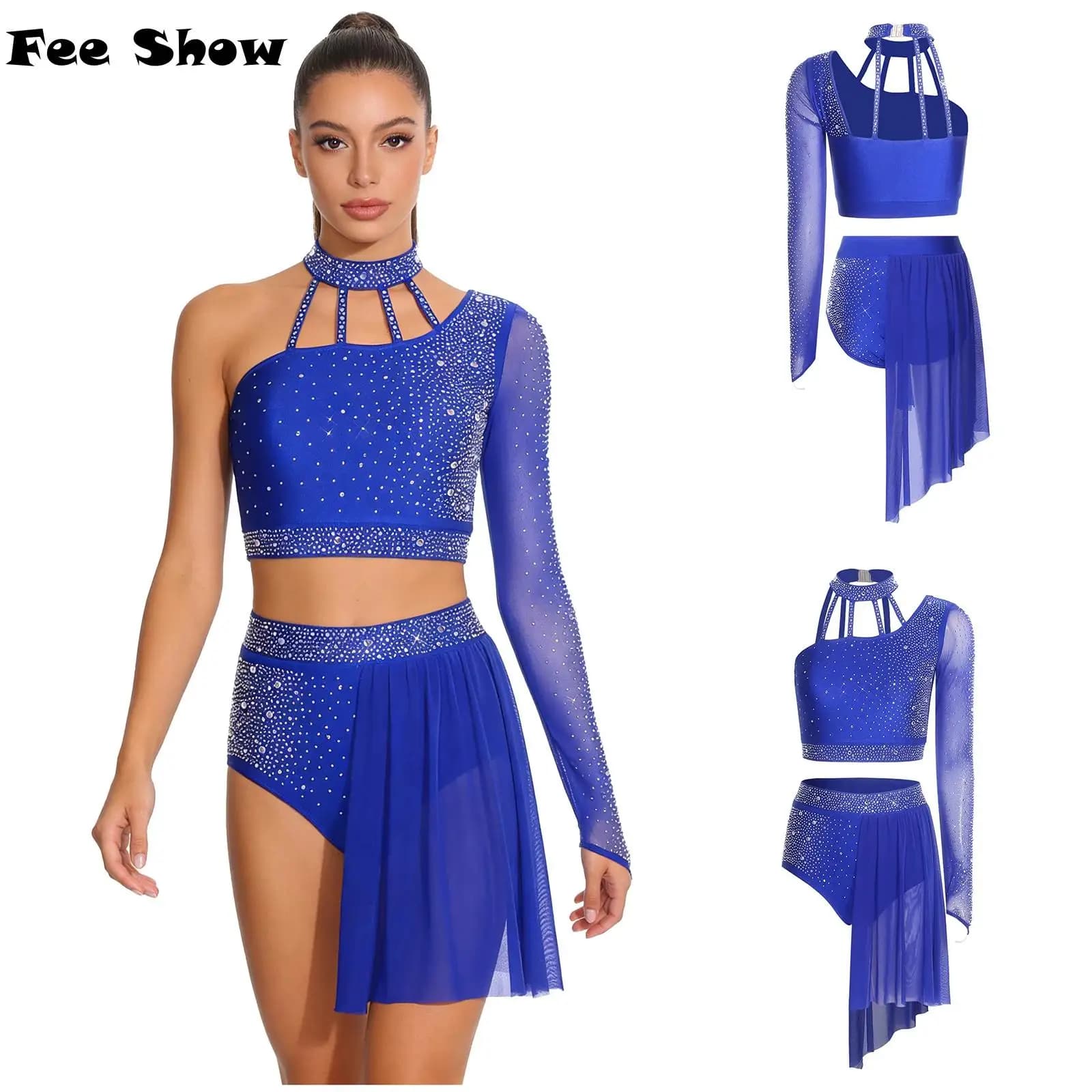 Costume da Ballo Latino per Donna, Top Corto Asimmetrico con Spalline e Schiena Scoperta, Pantaloncini con Orlo in Rete e Strass