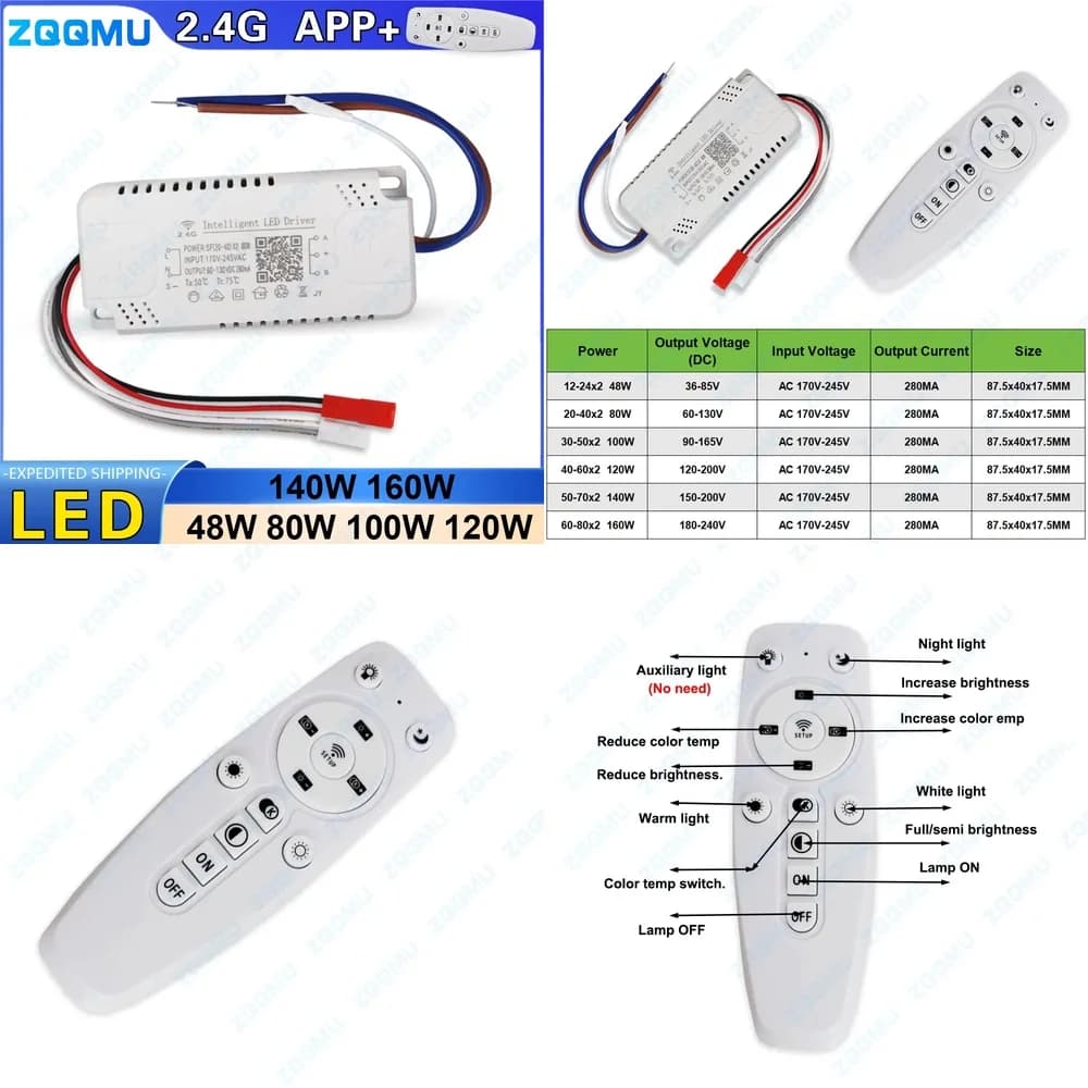 Alimentatore LED Intelligente 2.4G con Telecomando, Dimmerabile e Cambiacolore, Trasformatore 80W 100W 120W 140W 160W per Strisce LED