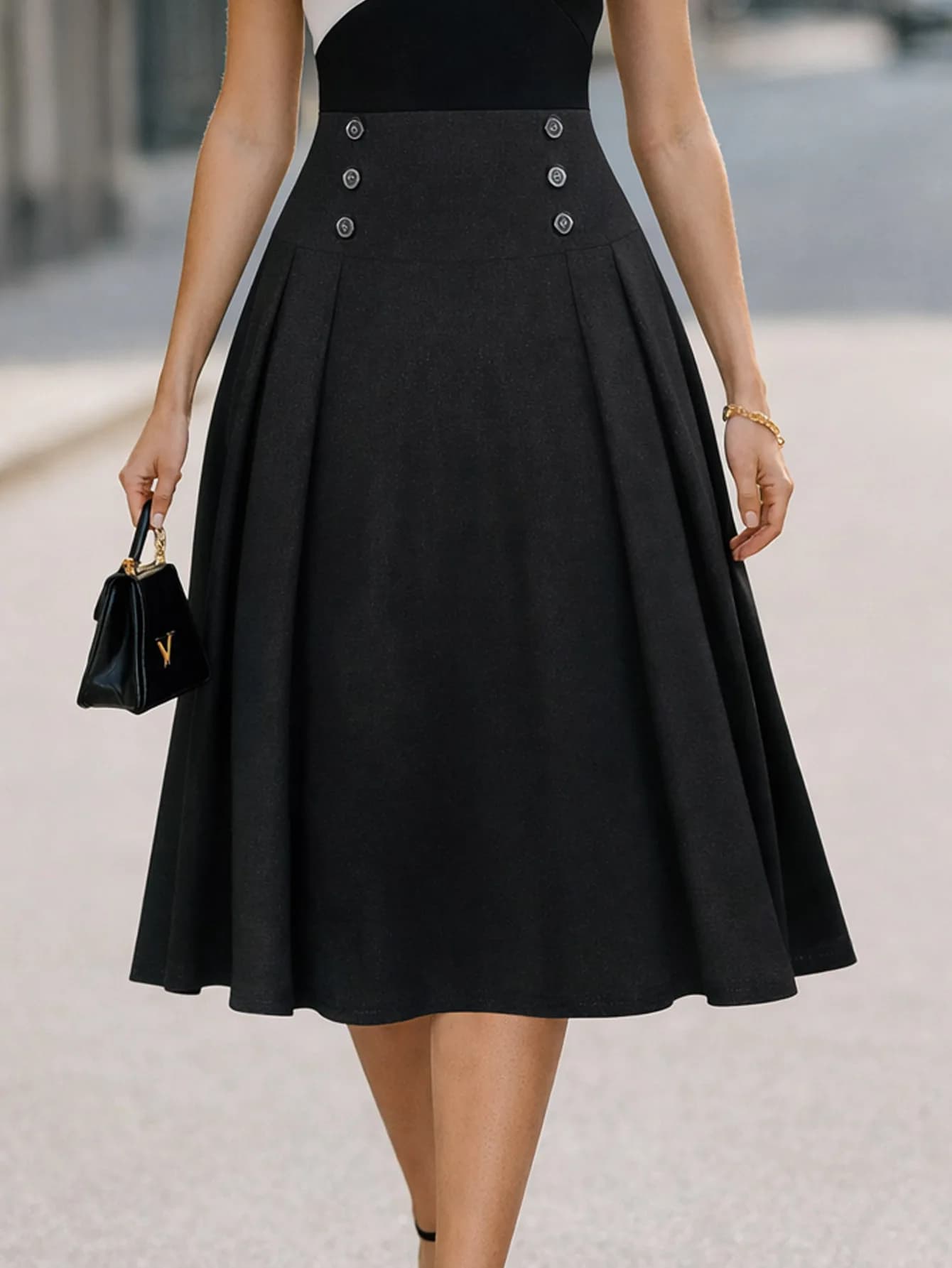 Gonna midi elegante da donna a vita alta, a trapezio, plissettata, con bottoni, tinta unita, casual, per ufficio, lavoro, feste, outfit chic.