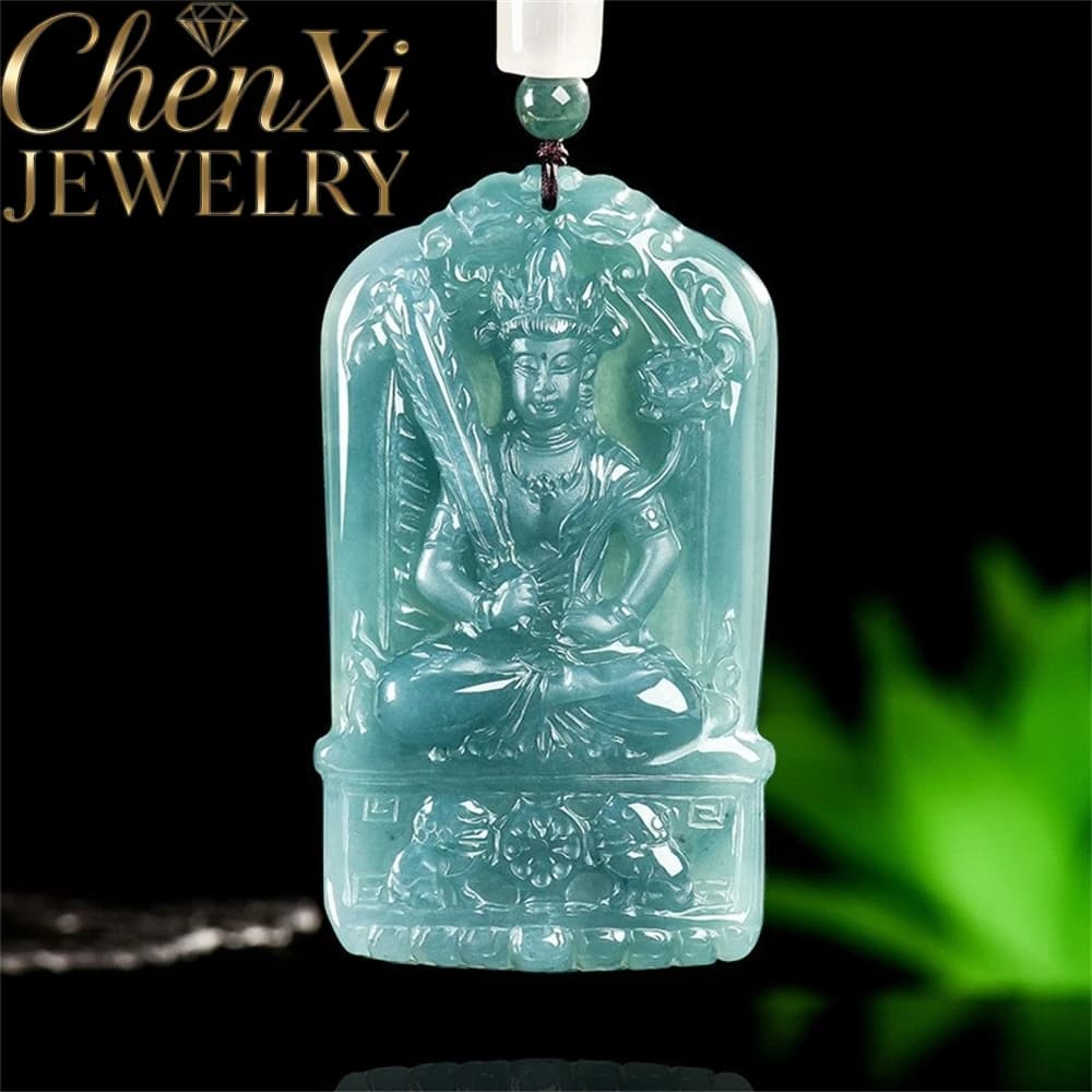Ciondolo Bodhisattva in Giadeite Blu Naturale con Effetto Nascosto, Gioiello di Lusso, Amuleto e Mascotte Squisito