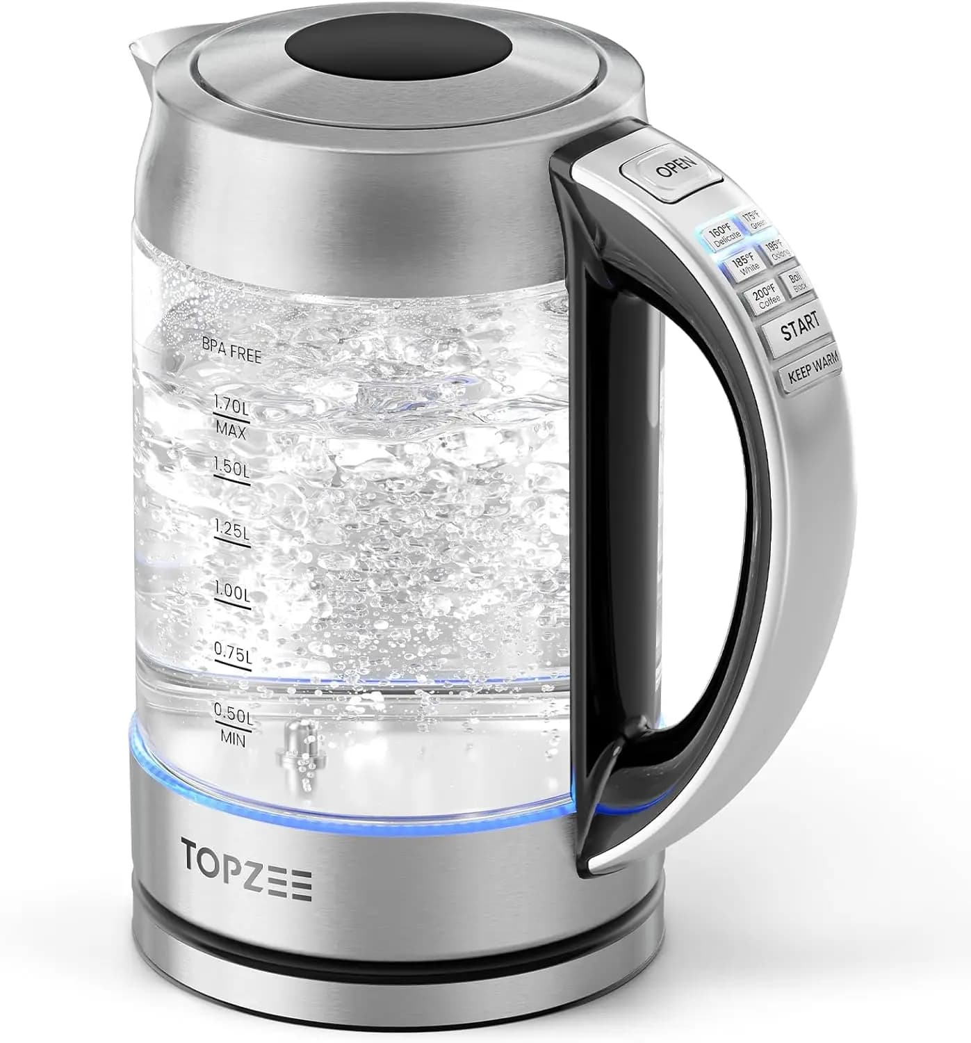 Bollitore Elettrico in Vetro da 1,7L con 6 Temperature, Mantenimento Calore e Memoria, Spegnimento Automatico, Senza BPA, Ebollizione Rapida 1500W