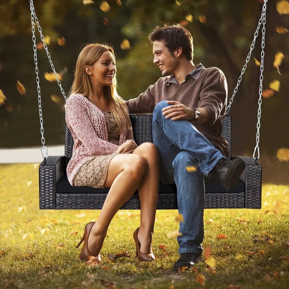 Pendulum from External for 2 People in Rattan with Soft Bearings, Steel Chain reinforced by 2.4 m, Solid Steel Frame