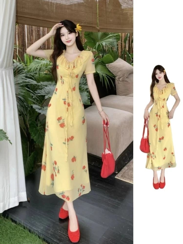 Sweet Floral Print Women's Dress Yellow Lace Collar Slimming Waist Vacation Midi Skirt Korean Style Commute Short Sleeve High...