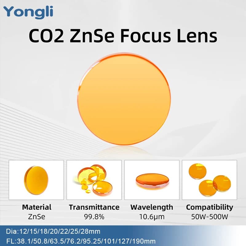 Yongli Focus Lens USA CVD ZnSe Dia 12/15/18/20/22/25/28mm FL38.1/50.8/63.5/76.2/95.25/101/127/190mm for Laser Engraving Machine
