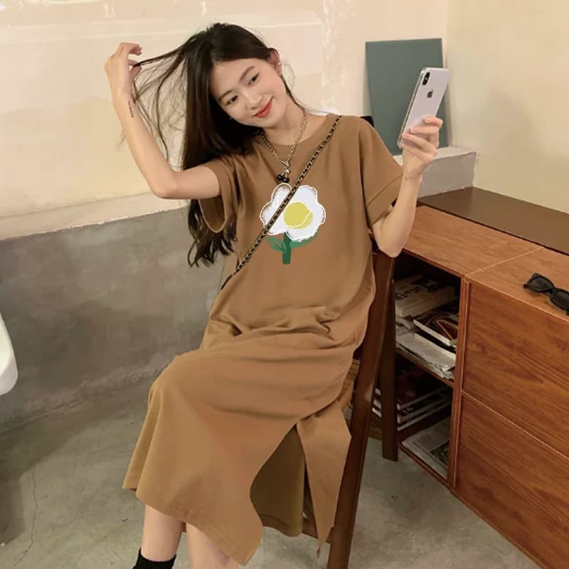 Summer Oversized Women Gray Maxi Dress Daisy Flower Print Short Sleeve Casual Loose T-shirt Dress Daily Wear