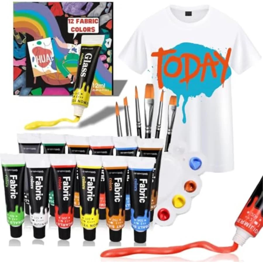 Fabric Acrylic Paint Set, 12 Vivid Colors with 6 Brushes and Palette, Fast-Drying Textile Paint Kit for Custom Sneakers, DIY Cl