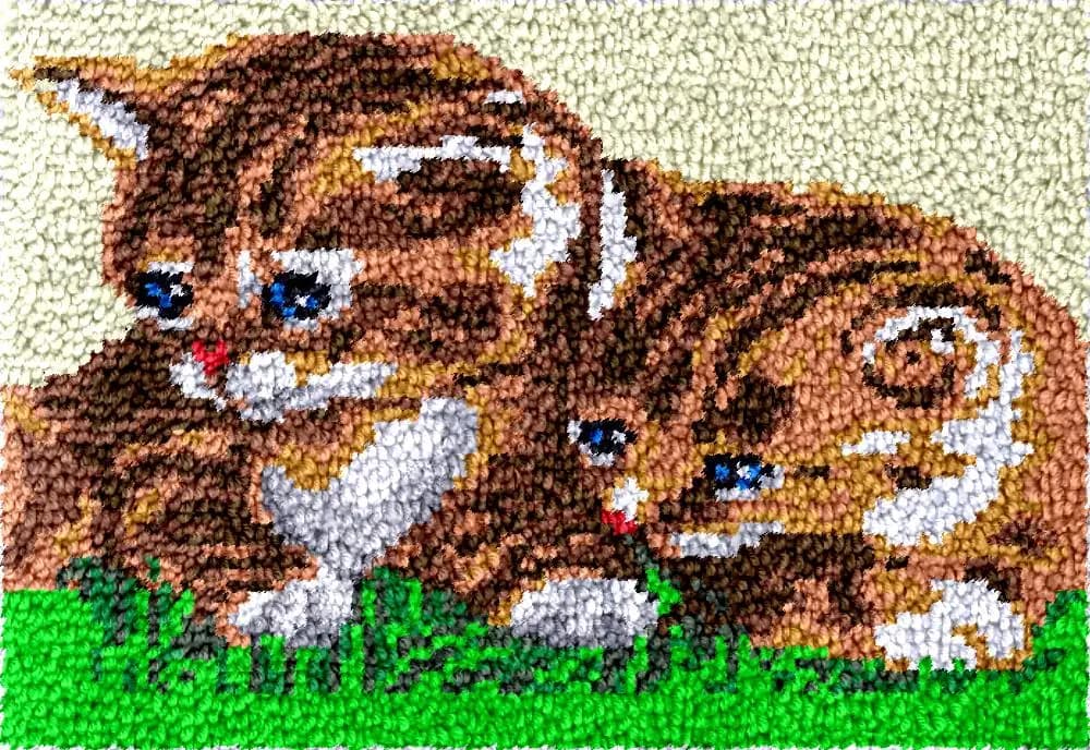 Kit tappeti con gancio di chiusura per gatti con motivo stampato su tela all'uncinetto per arazzi in filato per adulti, set da ricamo per tappeti con borsa fai da te