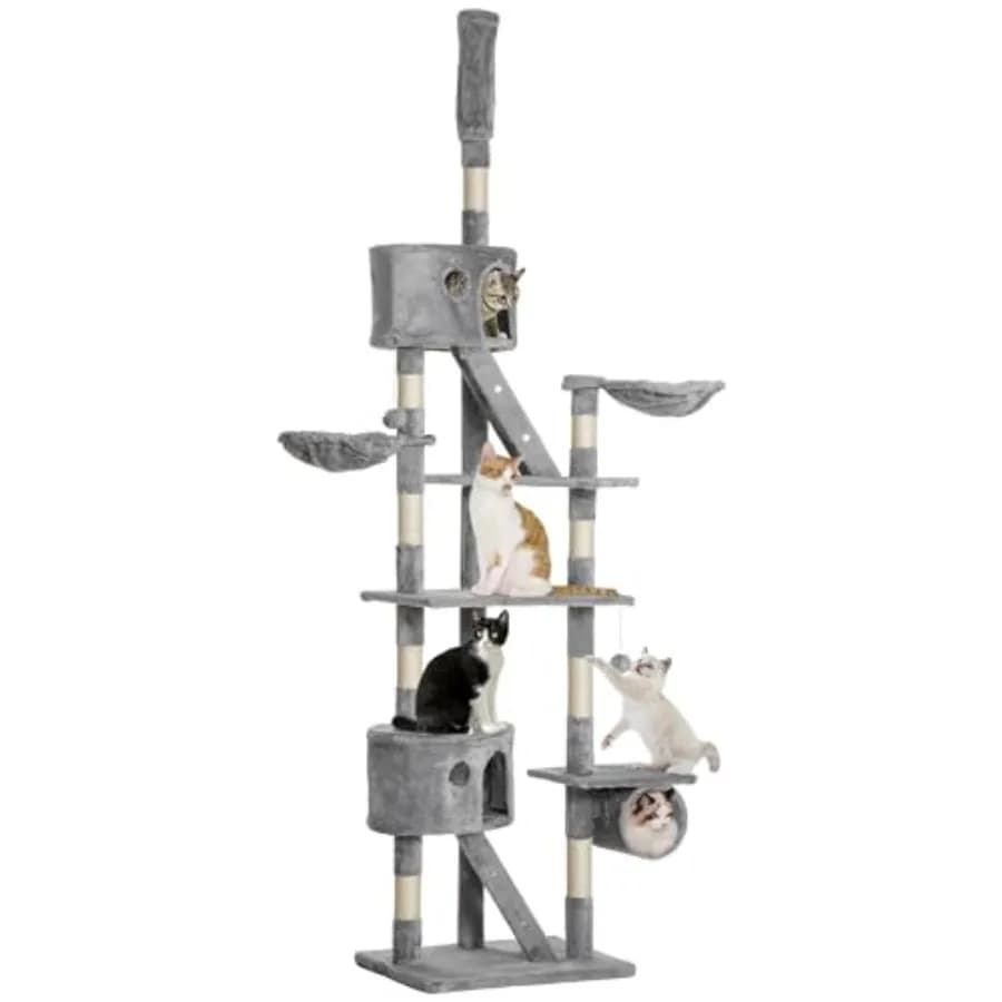 Albero per gatti da pavimento a soffitto, altezza regolabile 94,5-102,5 pollici, con posti per grattare, casette, amache, tubi e scaletta