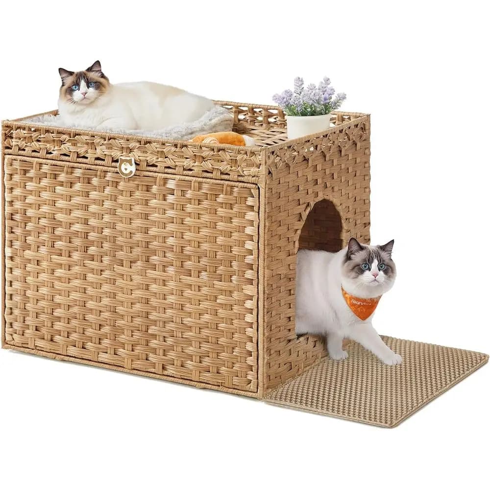 Recinto per Lettiera Gatti in Rattan Intrecciato a Mano con Vassoio Rimovibile e Lavabile e Tappetino Extra, Stile Boho, Colore Giallo Oca