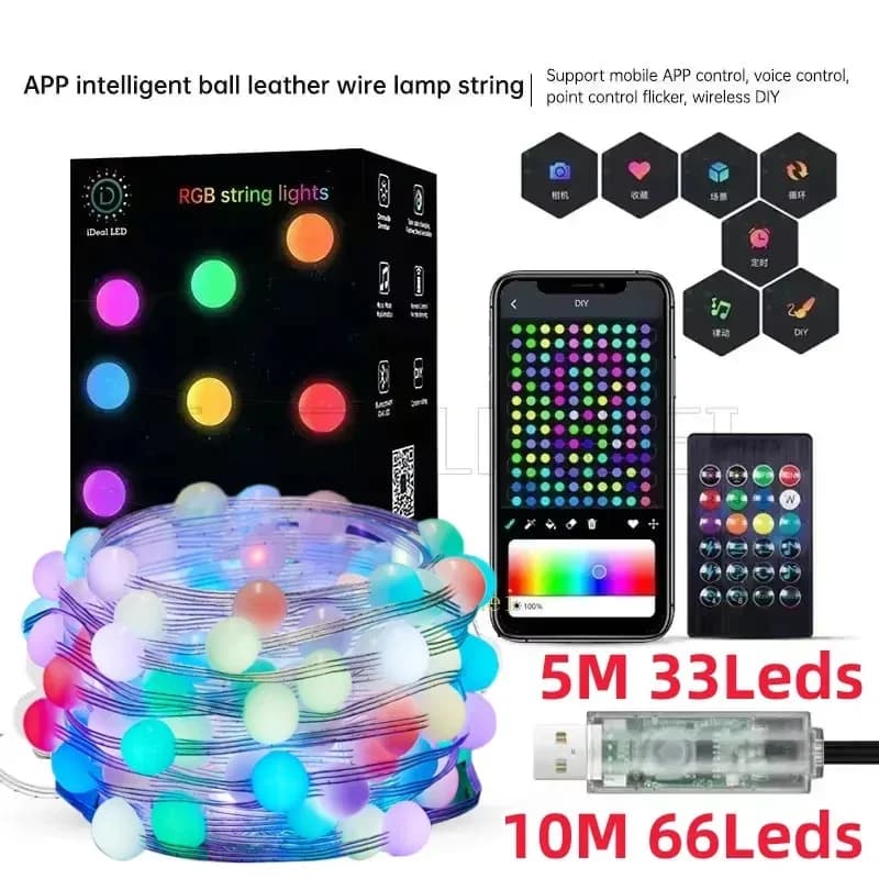 Luci a stringa LED intelligenti USB Bluetooth Lucine Sala da campeggio Decorazioni da giardino per esterni Lampada ghirlanda Luce natalizia 10M 66 lampadine