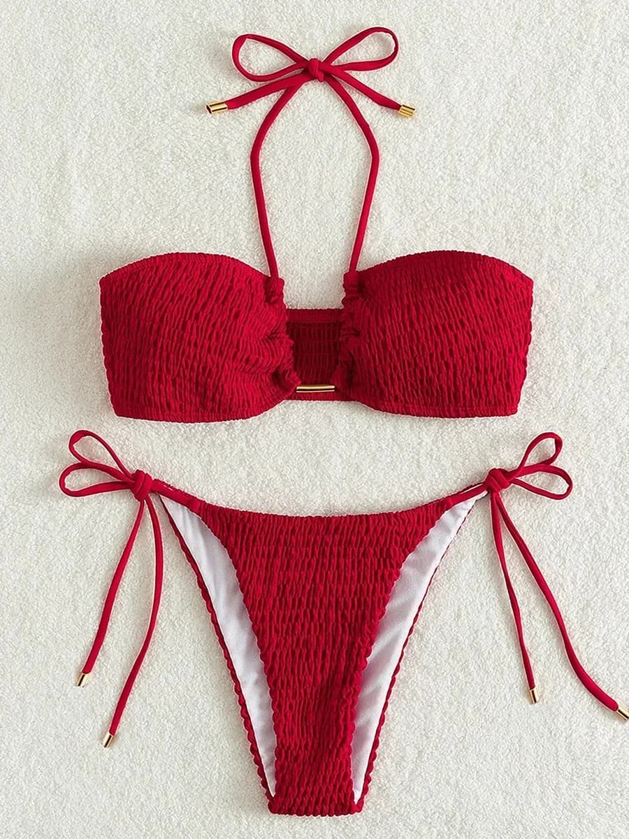 Bikini smock a pieghe laterali con cravatta all'americana Costume da bagno donna a fascia Costume da bagno femminile Costume da bagno bikini a due pezzi Costume da bagno da spiaggia