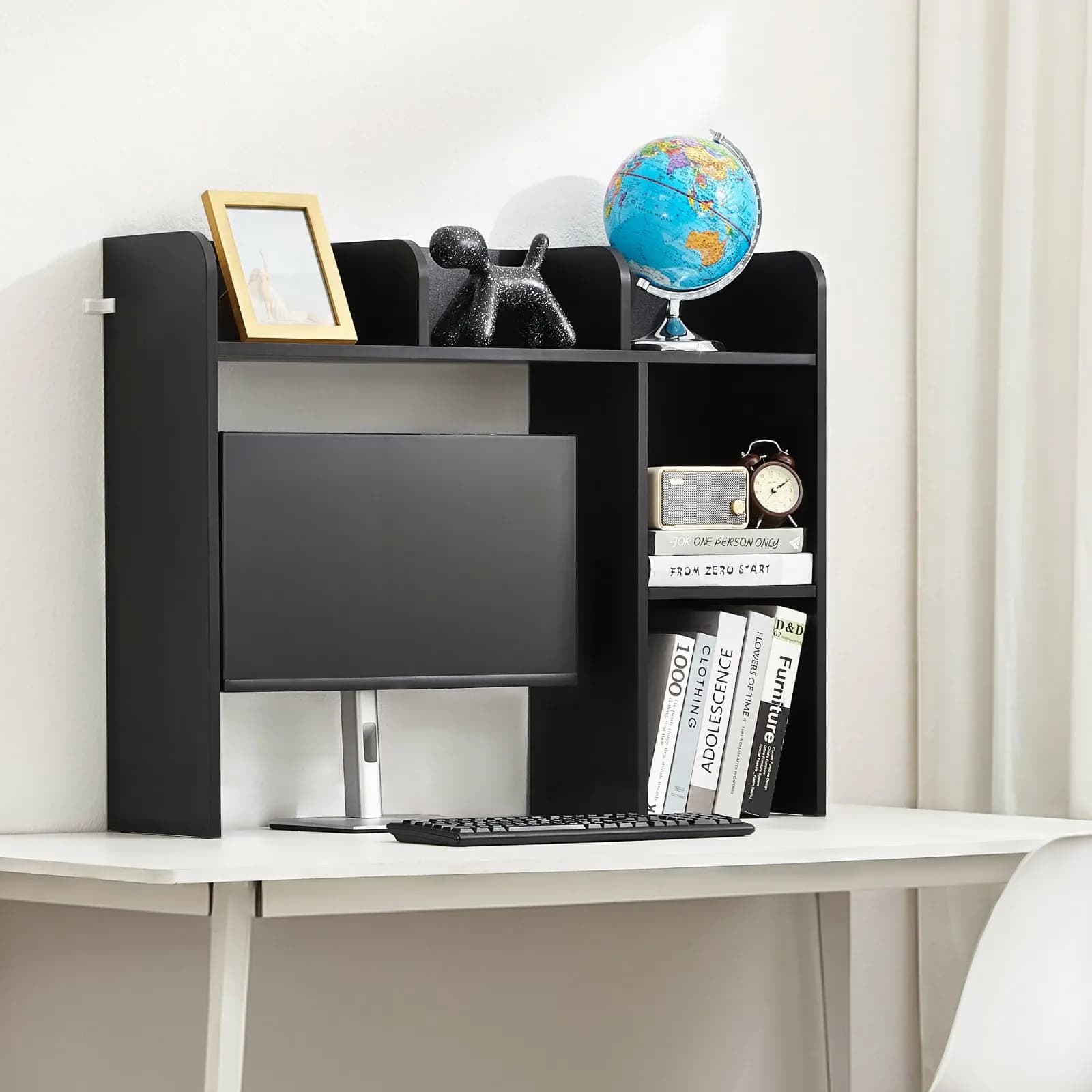 Desktop Bookshelf, 2-Tier Desktop Storage Organizer, 37.2' X 9.5' X 28.9' Office Storage Rack Wood Display Shelf, Desktop Bookshelf Hutch With Anti-Slip Feet Pads, For Office, Home & Dorm, Black