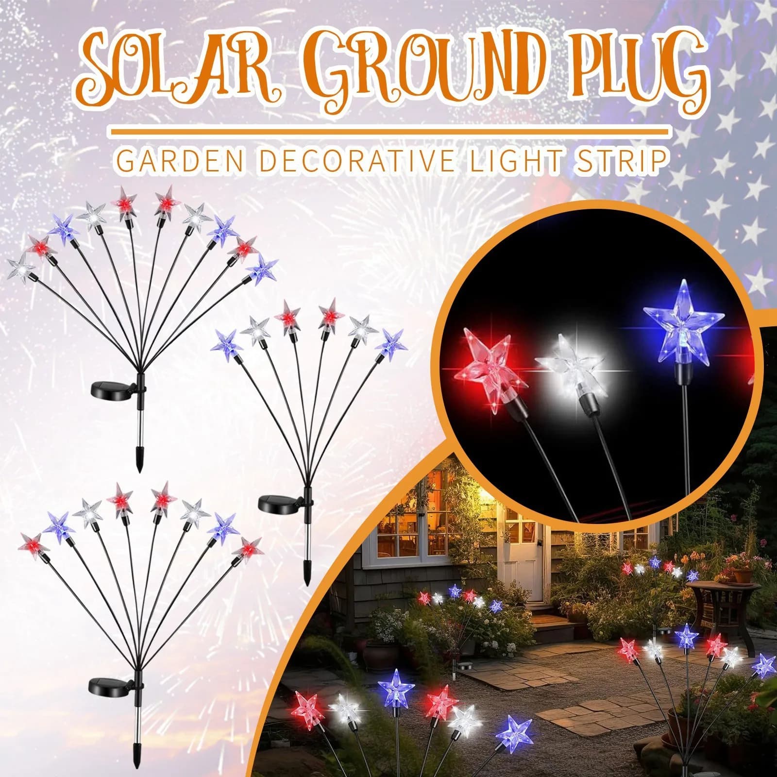 Luci Solari da Giardino per il 4 Luglio, Luci a Stringa Patriottiche a Forma di Stella, Rosso Bianco Blu, Alimentate a Energia Solare per Giardino, Prato, Vialetto, Patio