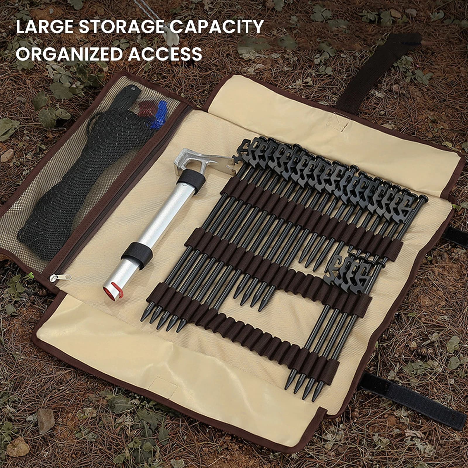 Tent Ground Nail Storage Bag Roll-up Design with Hook and Loop Fastener Camping Tools Storage Pouch for Solo Outings Backpacking