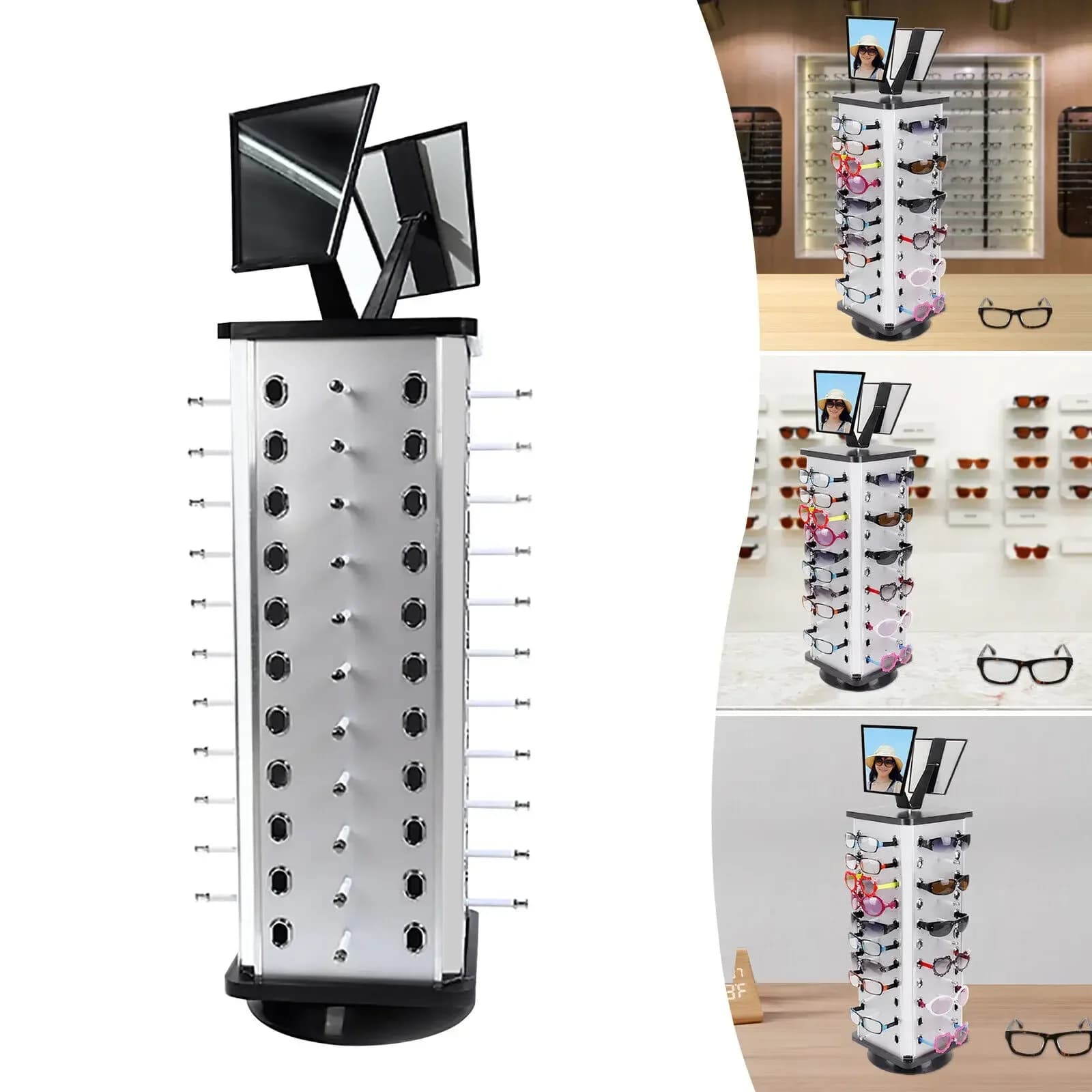 360°Spinner Sunglasses Organizer Glasses Holder Display Sunglass Rack | 44 Pairs Eyewears Sunglass Display Stand Eyeglasses Rack with Mirror of Retail Store Home Office Table Desk Countertop
