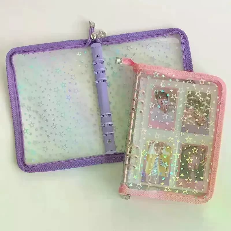 1 Pezzo Album Fotografico Trasparente A5 per Idol Kpop, Raccoglitore con Cerniera Laser Star, Organizzatore Ricaricabile per Diario Fai da Te e Cancelleria