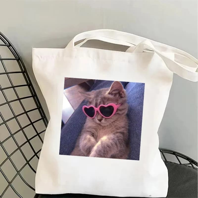 Heart Sunglasses Cat Canvas Bag Tote Bag Shoulder Bag Handbag Funny Cat Graphic Aesthetic Tote For Daily Use Streetwear Style