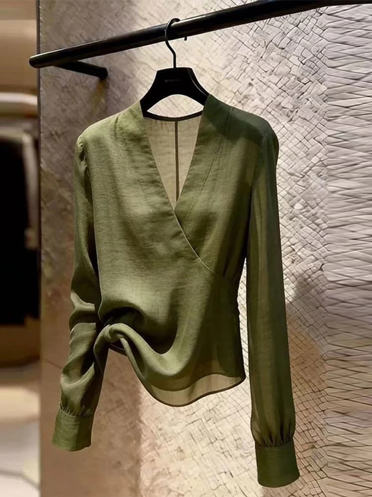 Summer 2026 Women's Fashion Retro Green Long Sleeve Casual Shirt Thin Style High Waist Versatile Comfortable Button up Blouse