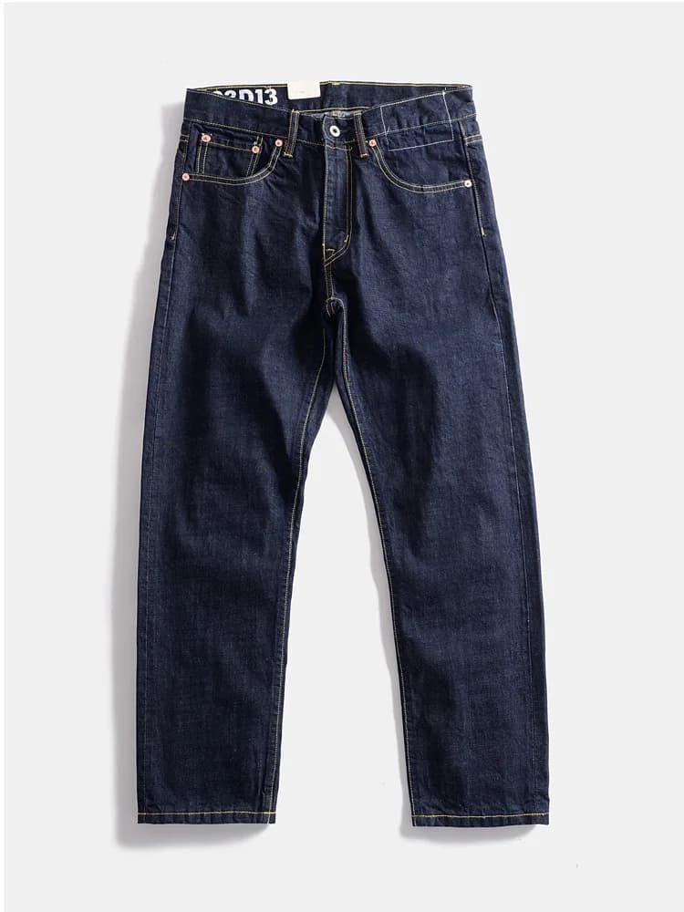 Straight leg jeans in heavy pure cotton, original red color, American retro style, long and wide casual pants, intense blue