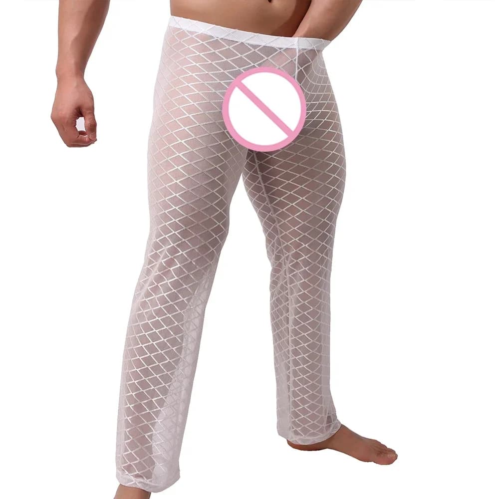 Pantaloni casual trasparenti da uomo Pantaloni da pigiama larghi da salotto sexy Vedi attraverso i pantaloni da notte Homewear Mutande lunghe traspiranti