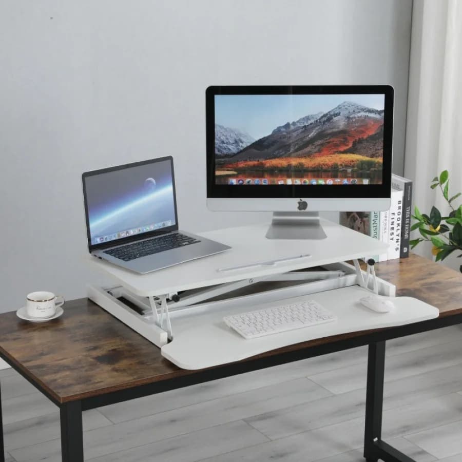 32 inch desk converter height adjustable Sit to Stand Riser Double monitor and work station for laptop with large keyboard tray Standin