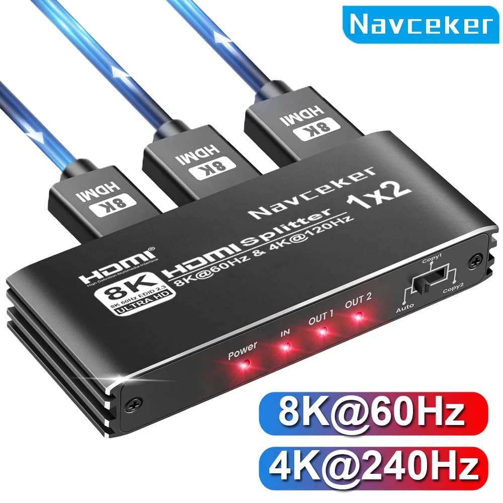 Navceker Splitter HDMI 1 in 2 Out 4K 240Hz, Splitter Audio 8K, HDMI 2.1 1x2 cable adapter for PS5, Laptop, Monitor, TV Box, Projector