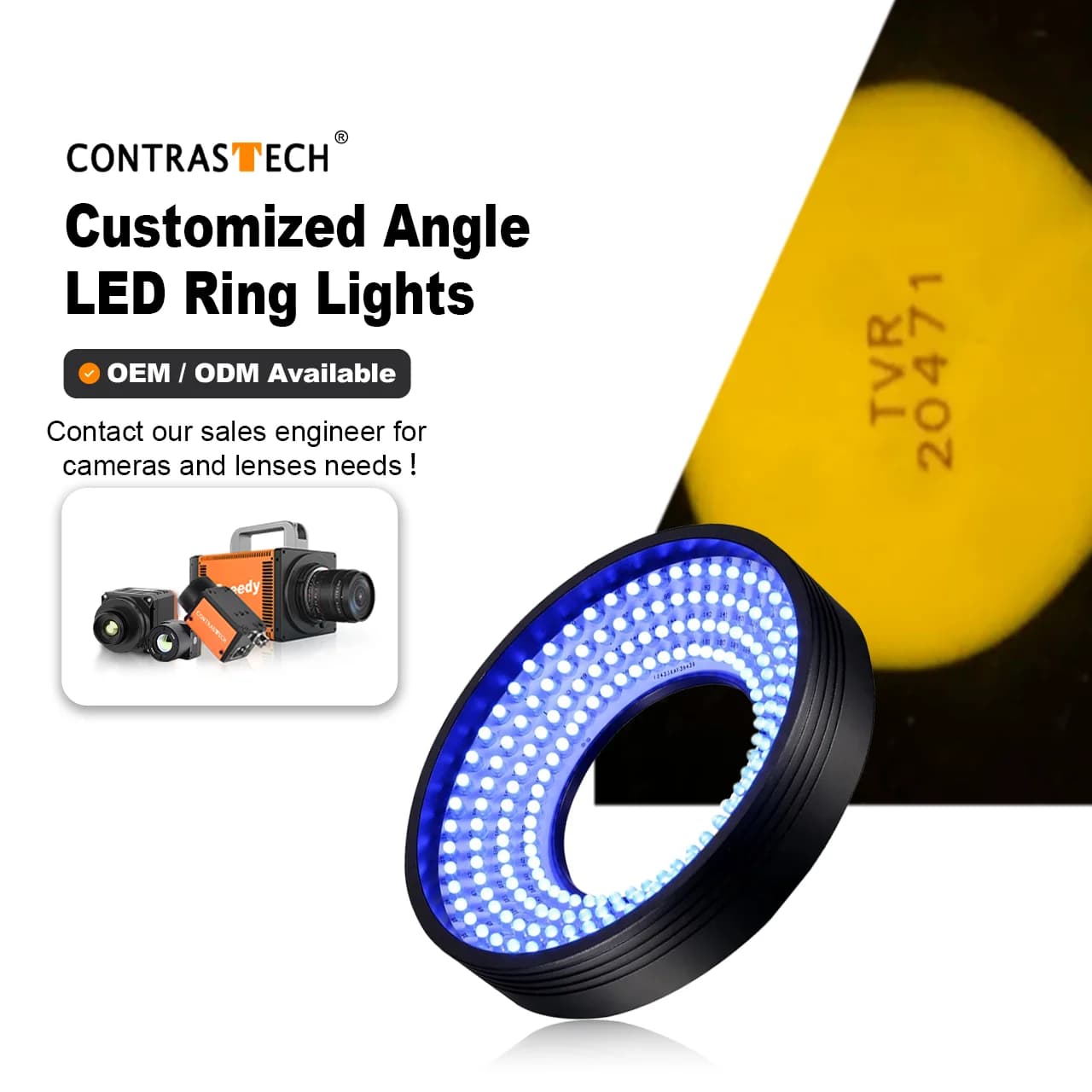 LT2-HR7038 CE Certified High Density LED 45 Degree Angle 24 Volt Machine Vision Bright Field Ring Lights IP66 Rated Ra90 45W
