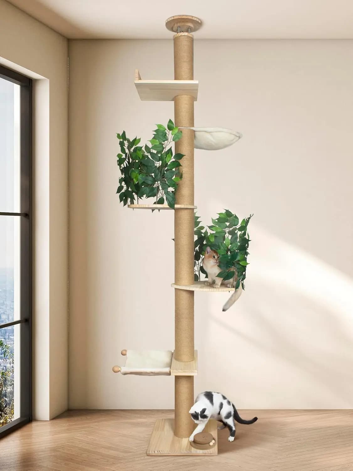 Torre per Gatti Regolabile 246-315 cm di Altezza, Palo Spesso 11,4 cm, Grande Albero per Gatti da Interno
