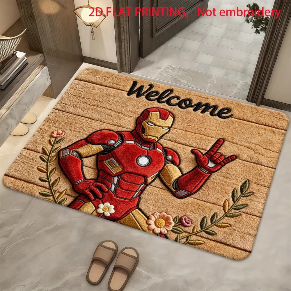 1pc Polyester 2D Flat Printing Marvel Doormats Iron Man Soft Flannel Welcome Rug, Ultra-Cozy Floor Mat for Bedroom Living Room
