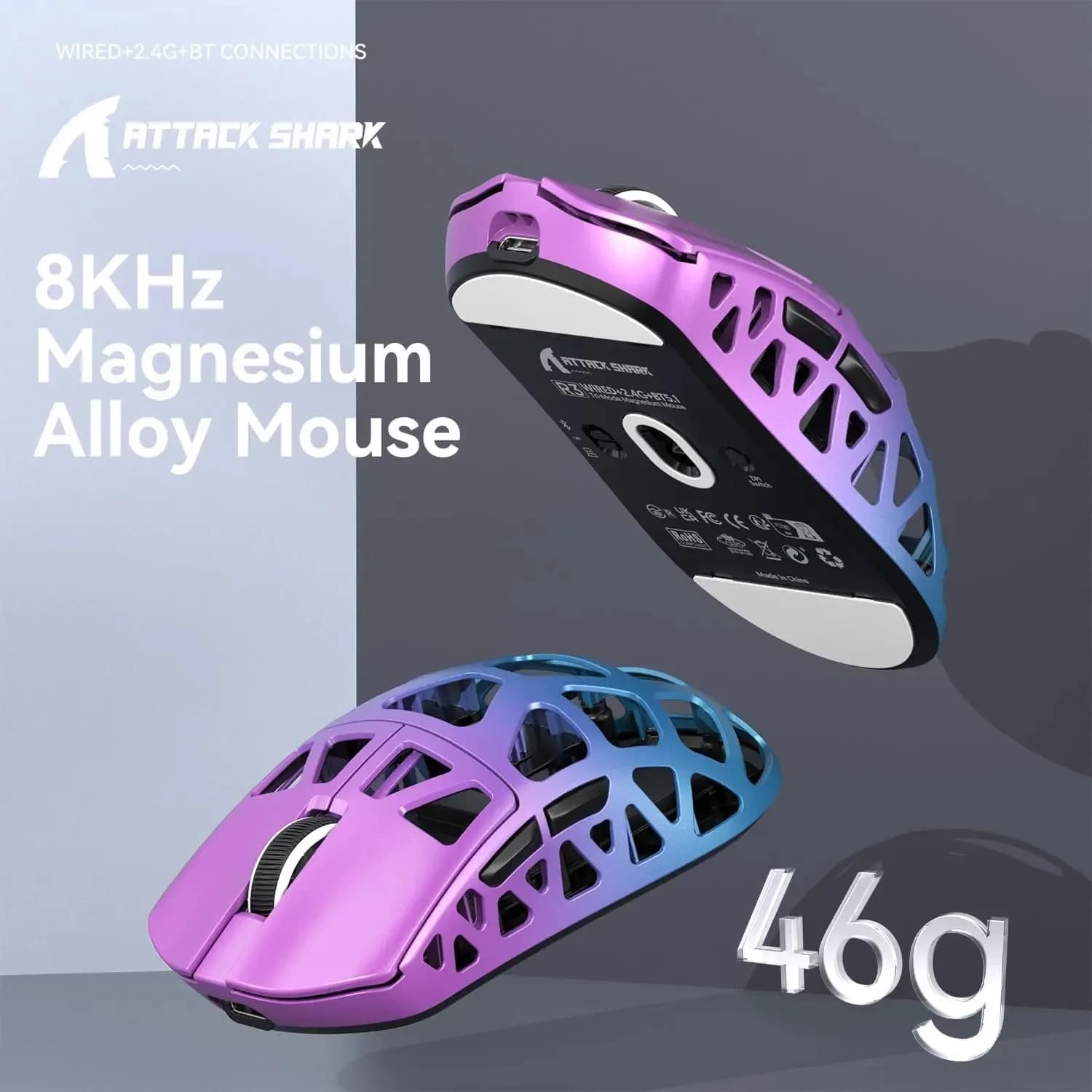 ATTACK SHARK R3 Mouse da gioco in lega di magnesio a nido d'ape, ultraleggero 8K Hz, sensore PAW3395, 26000 DPI, ripiano ergonomico