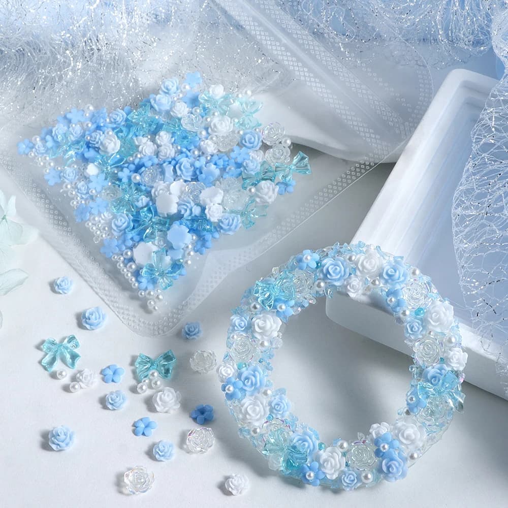Mixed Blue Acrylic Flower Rose Epoxy Resin Filling Decoration Bowknot Pearl Jewelery Materials DIY Decoden Handcrafts Making