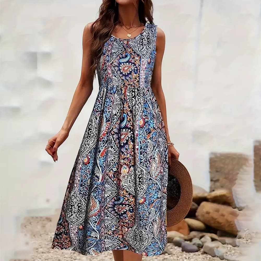 2026 New Arrival Women's European & American Style Printed Sleeveless Tank Dress, Crew Neck, Waist Cinched & Slimming, Vacation