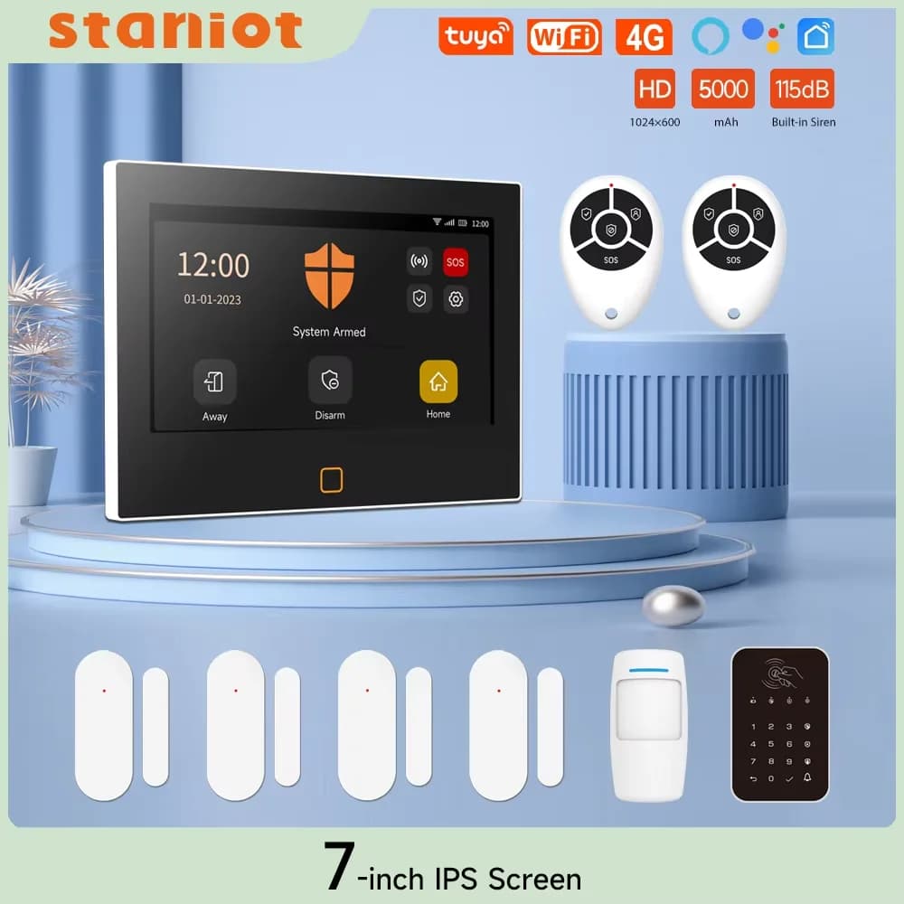 Staniot 7 pollici HD sistema di allarme Wireless WiFi 4G Tuya Smart Home Security Protection funziona con Alexa Google APP Remote Control,Sirena incorporata 115db e batteria da 5000mAh