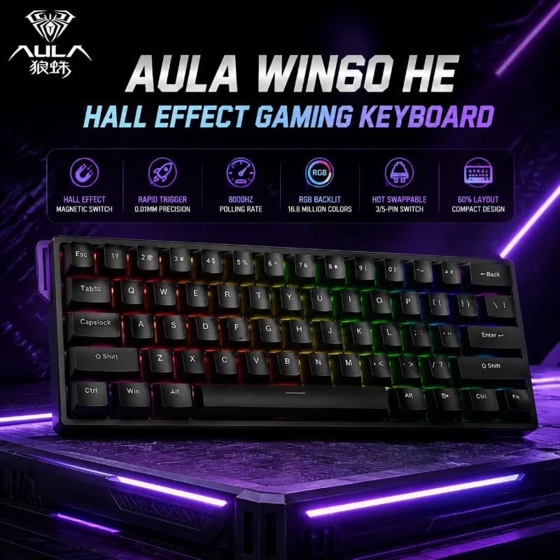 AULA WIN60 HE Gaming Keyboard Hall Effect Magnetic Switch Rapid Trigger 8000Hz Polling Rate RGB Backlit Hot Swappable Compact