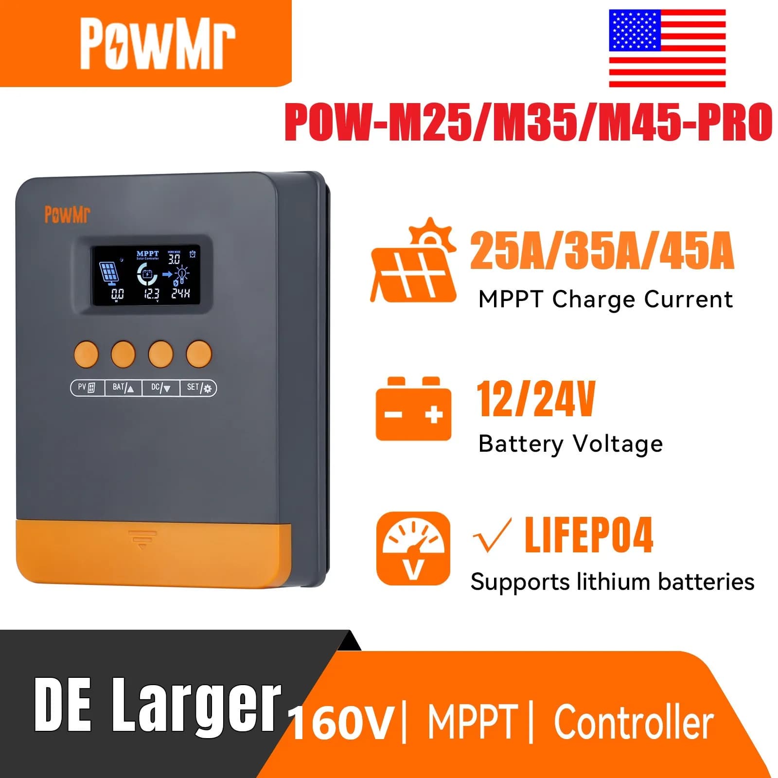 PowMr 25A/35A/45A MPPT Regolatore di carica solare per batteria al litio 12V/24V Regolatore LCD 100VDC Pannello Soalr Doppio controller USB