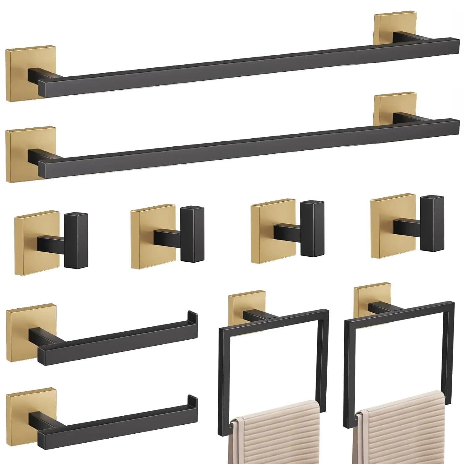 Set di 10 Portasciugamani da Bagno Nero e Oro, Portasciugamani da Parete in Acciaio Inox SUS304 da 60 cm