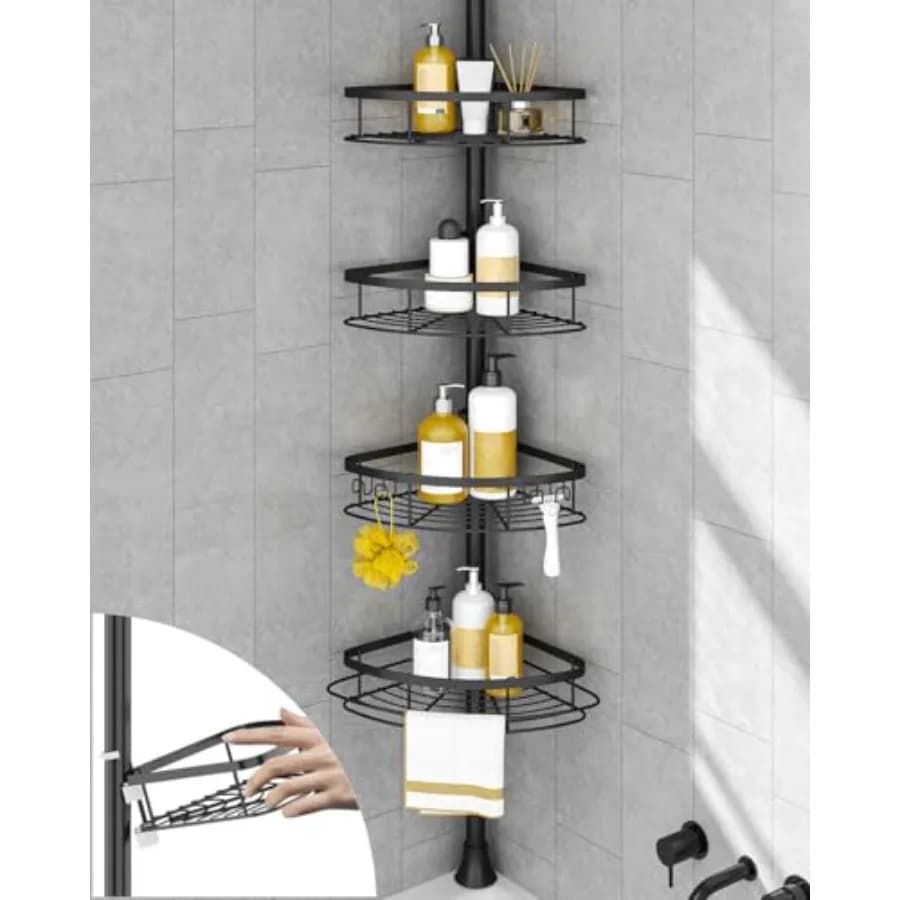 Corner shelf for Shower with Telescopic Rod Anti-rust, Organizer Bathroom with 4 Adjustable shelves, Solid shelf