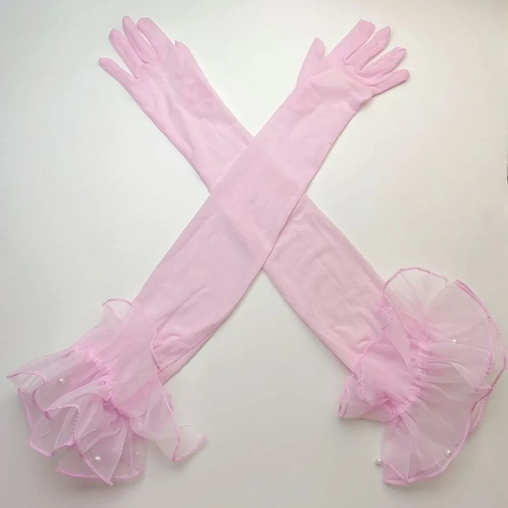Fashion Black Silk Long Gloves Perspective Lace Pearl Etiquette Gloves Sunscreen Sleeves Women