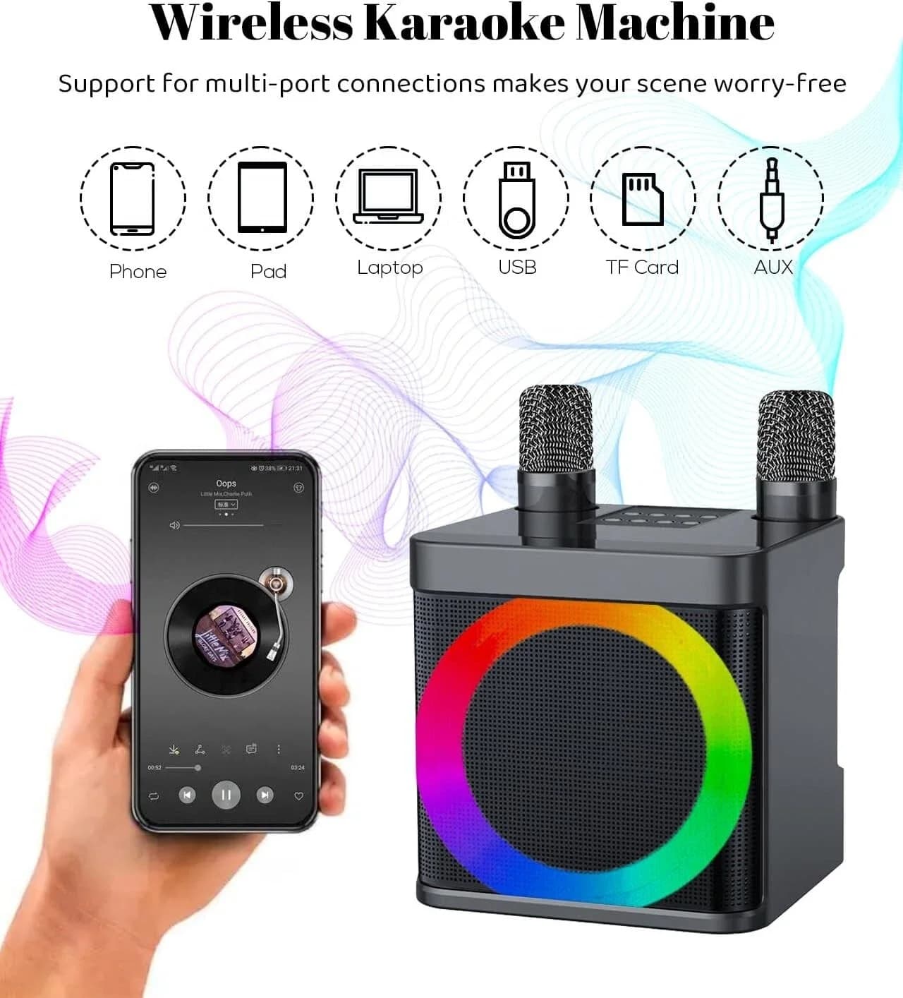 Karaoke Machine with 2 Wireless Microphones Portable Bluetooth 5.0 Speaker Light