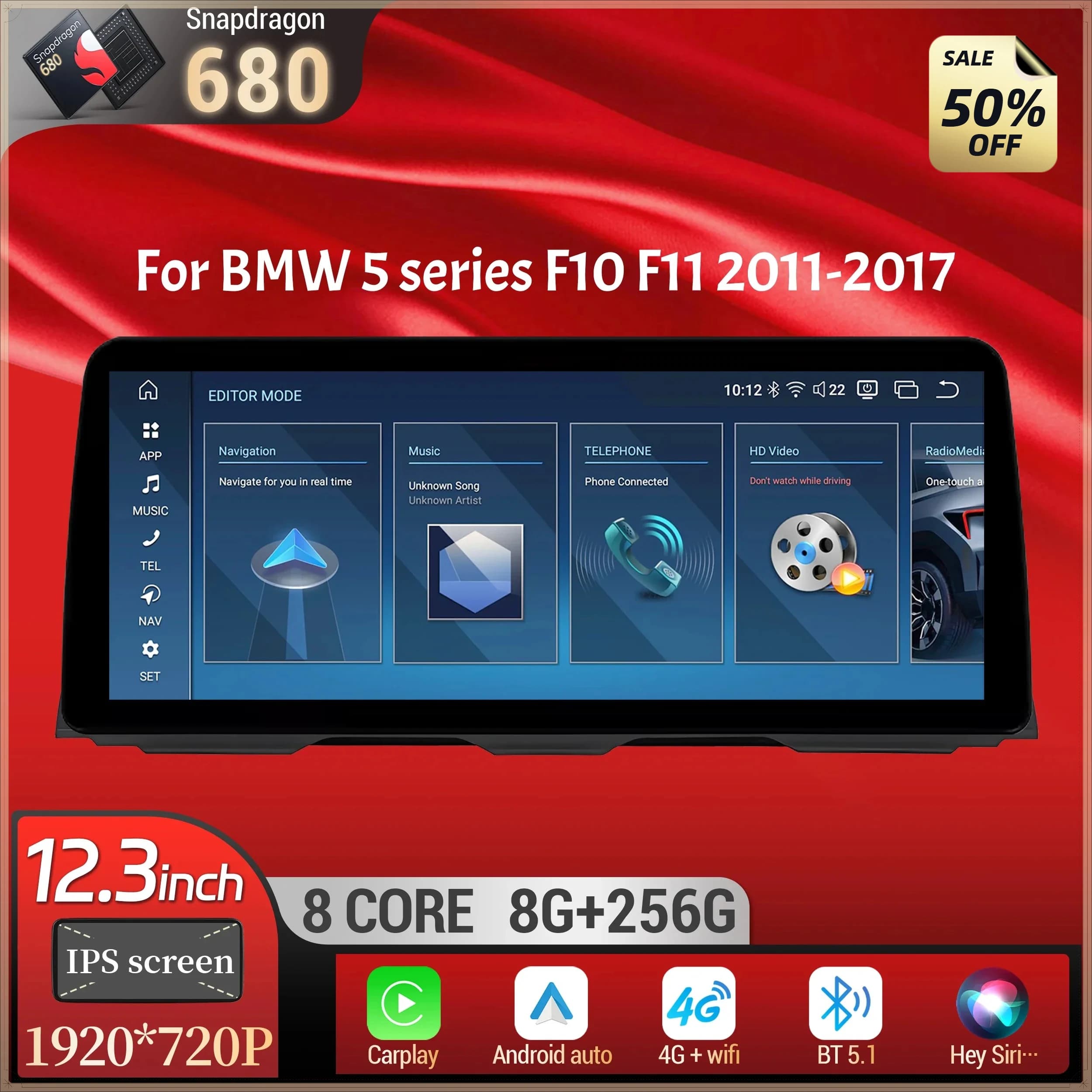 12.3 inch Android 14 For BMW 5 series F10 F11 2011-2017 GPS Car Radio Wireless BT Carplay Head Unit Snapdragon 680 Touch Screen